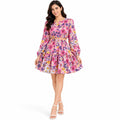Women's Pink Floral Print Co-Ord Set | Long Sleeve Crop Top with Tiered Mini Skirt-1