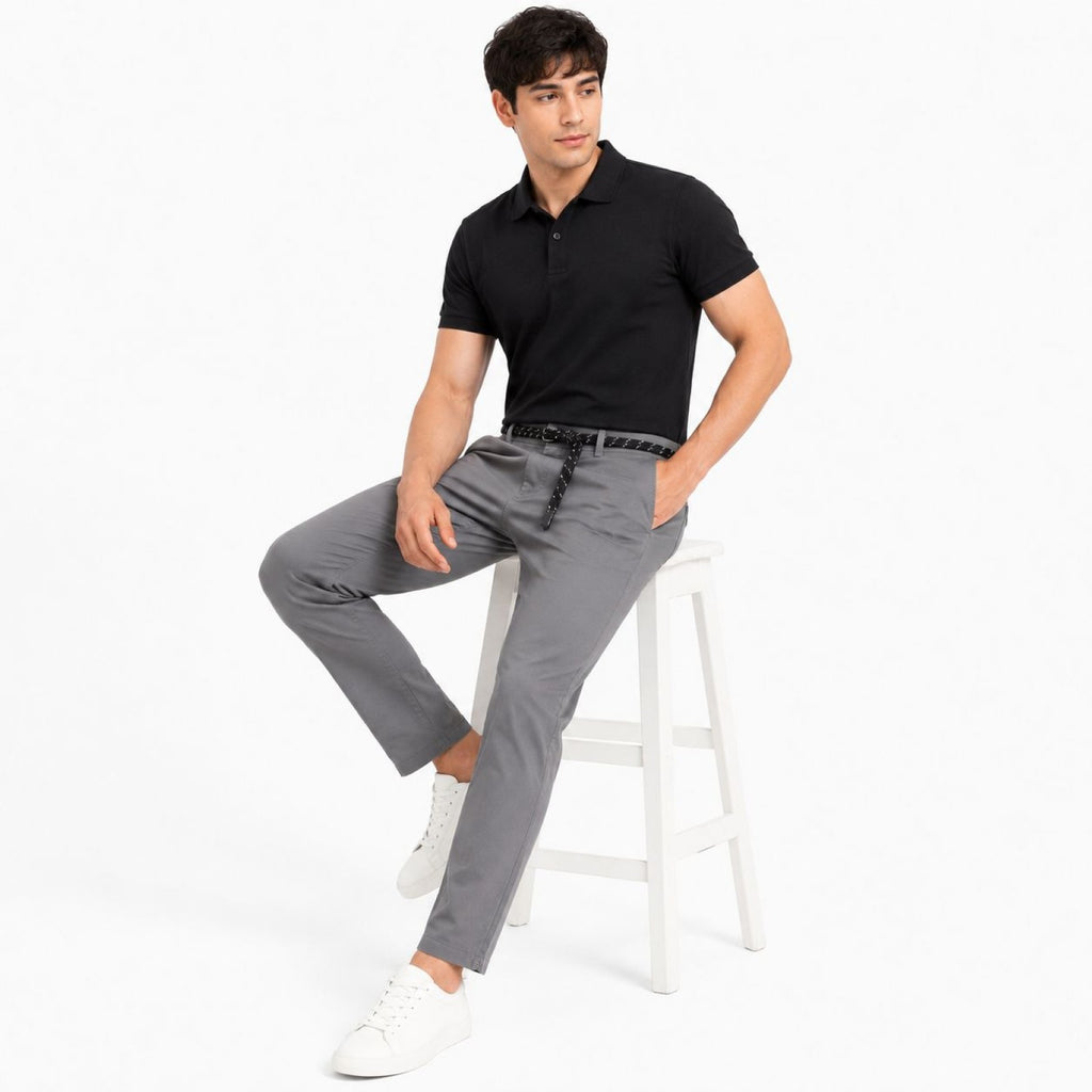 Men's Light Grey Slim Fit Casual Cotton Trousers-2