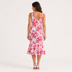 Women's Pink Floral Print Square Neck Mermaid Midi Dress | Sleeveless Fitted Party Dress-4