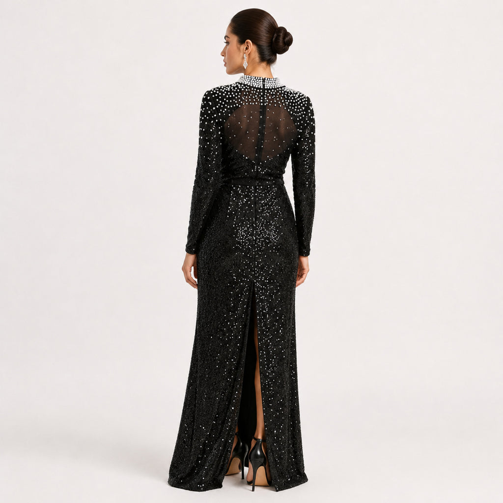 Women's Black Embellished High-Neck Sequin Maxi Dress | Elegant Evening Party Gown-4
