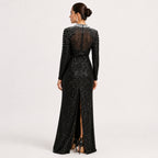 Women's Black Embellished High-Neck Sequin Maxi Dress | Elegant Evening Party Gown-4