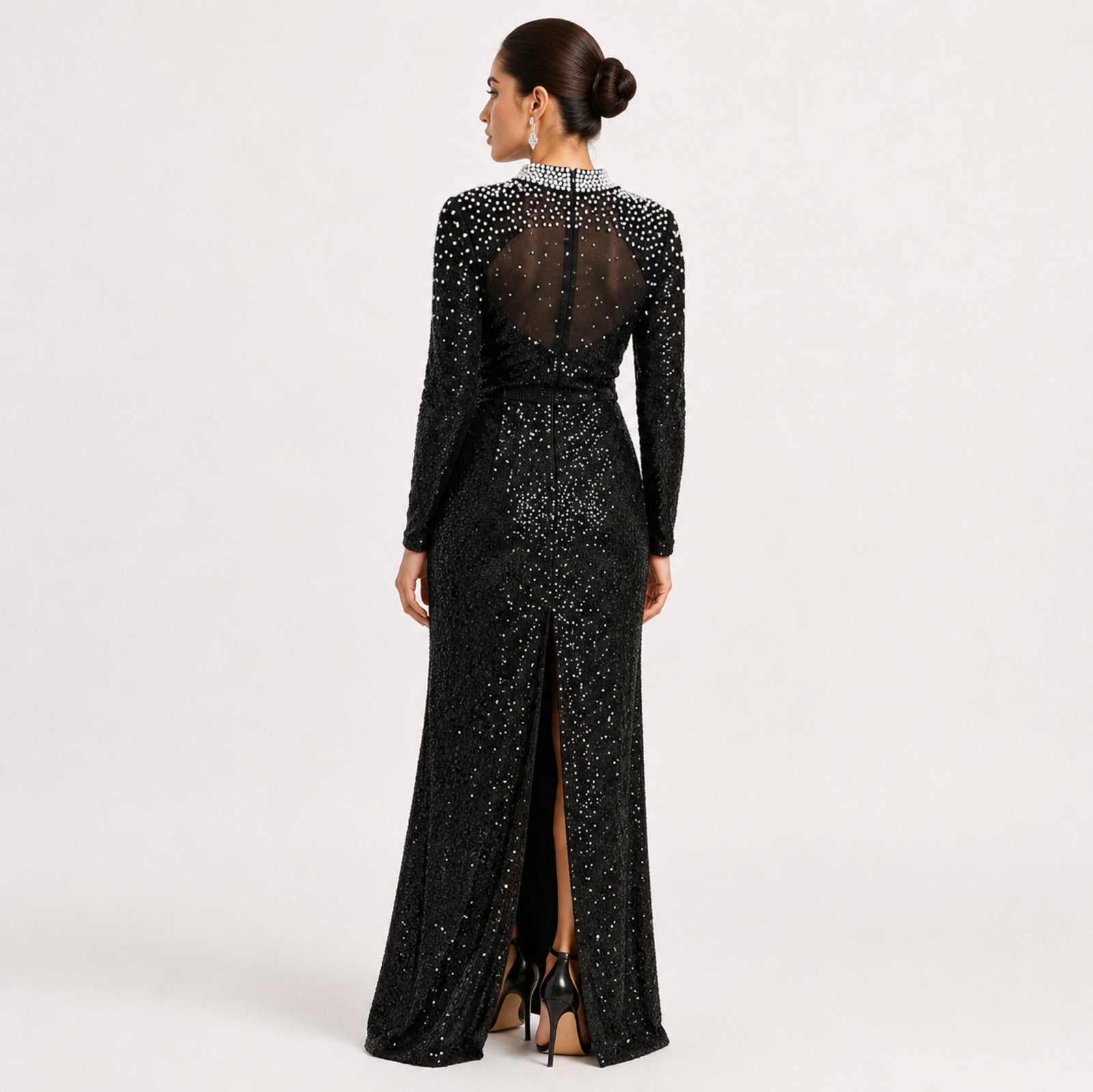 Women's Black Embellished High-Neck Sequin Maxi Dress | Elegant Evening Party Gown-4