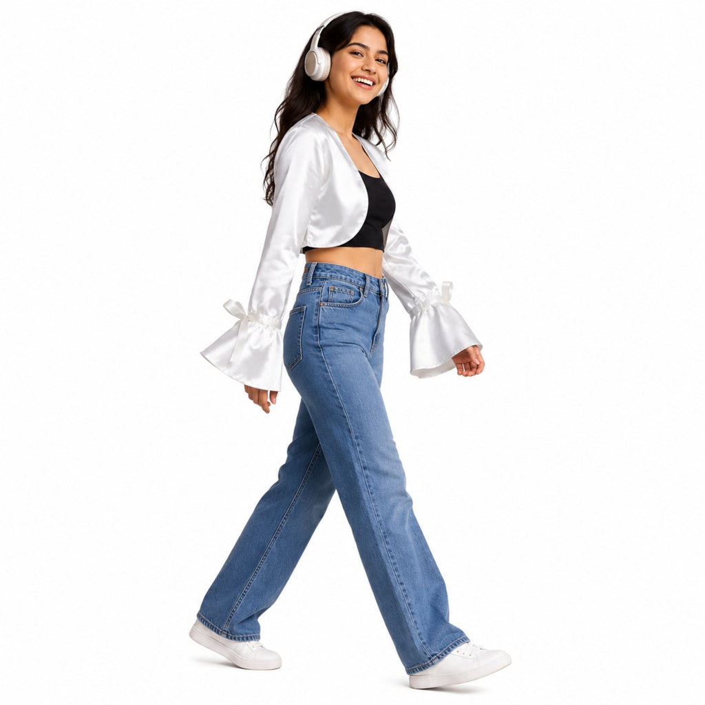 Women's White Bell Sleeve Crop Shrug Jacket-3