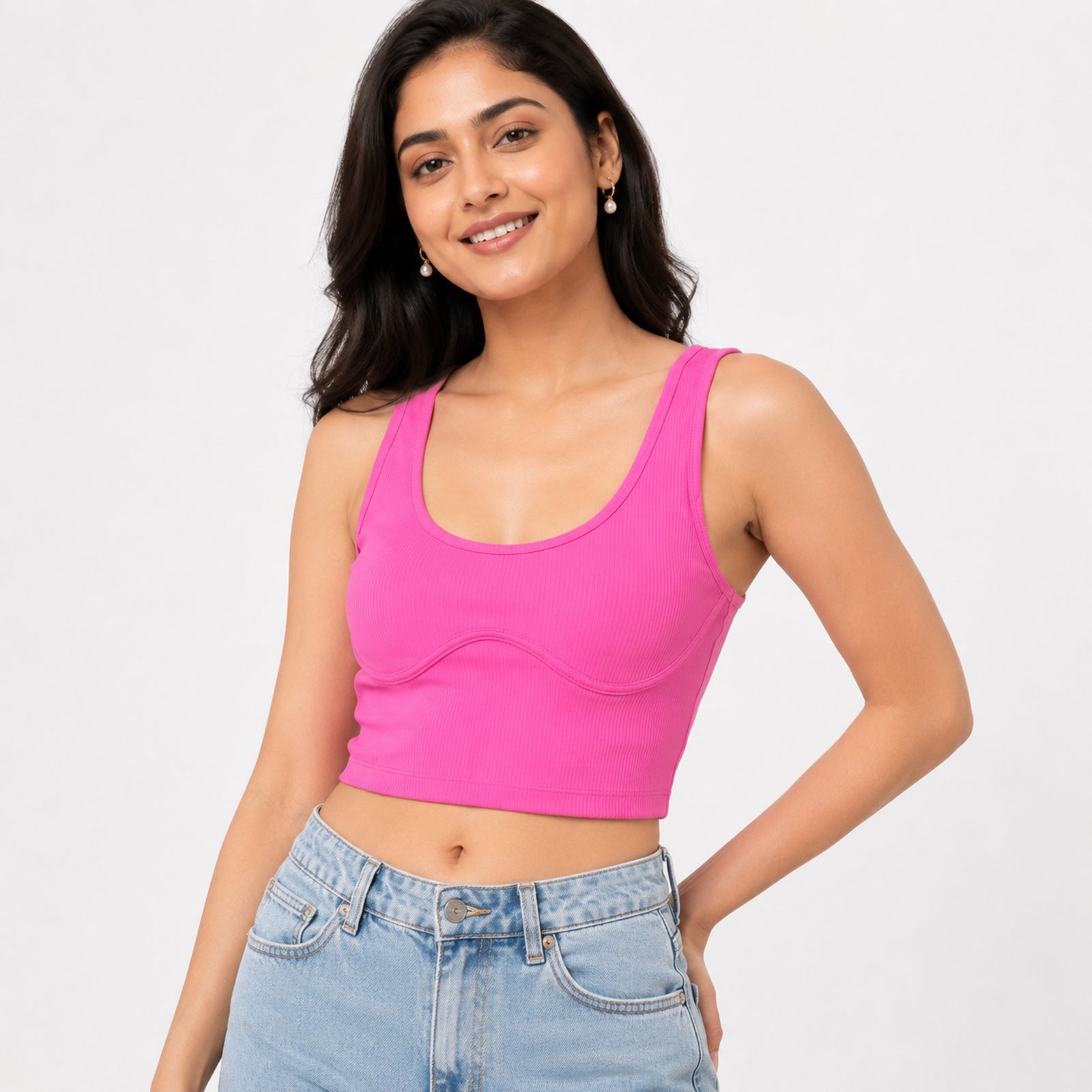 Women's Neon Pink Ribbed Sports Crop Top-2