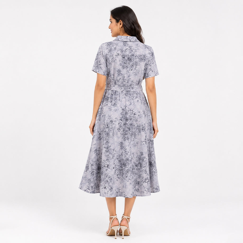 Women's Chic Botanical Print Collared Flare Shirt Dress-4