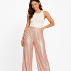 Women's Golden Sequin High-Rise Wide-Leg Pants | Glamorous Party Wear Palazzo Pants-2