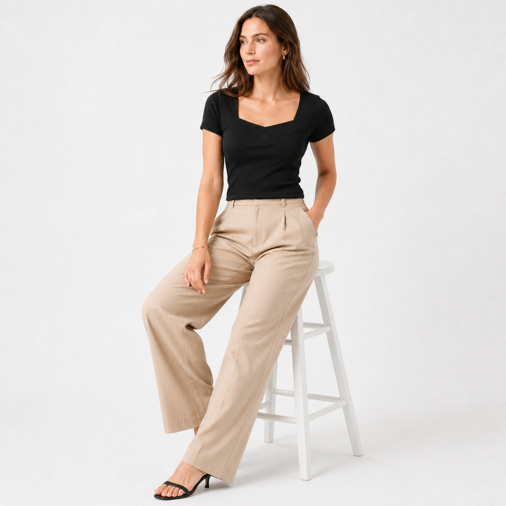 Women's Black Square Neck Ribbed Short Sleeve Casual Top-2