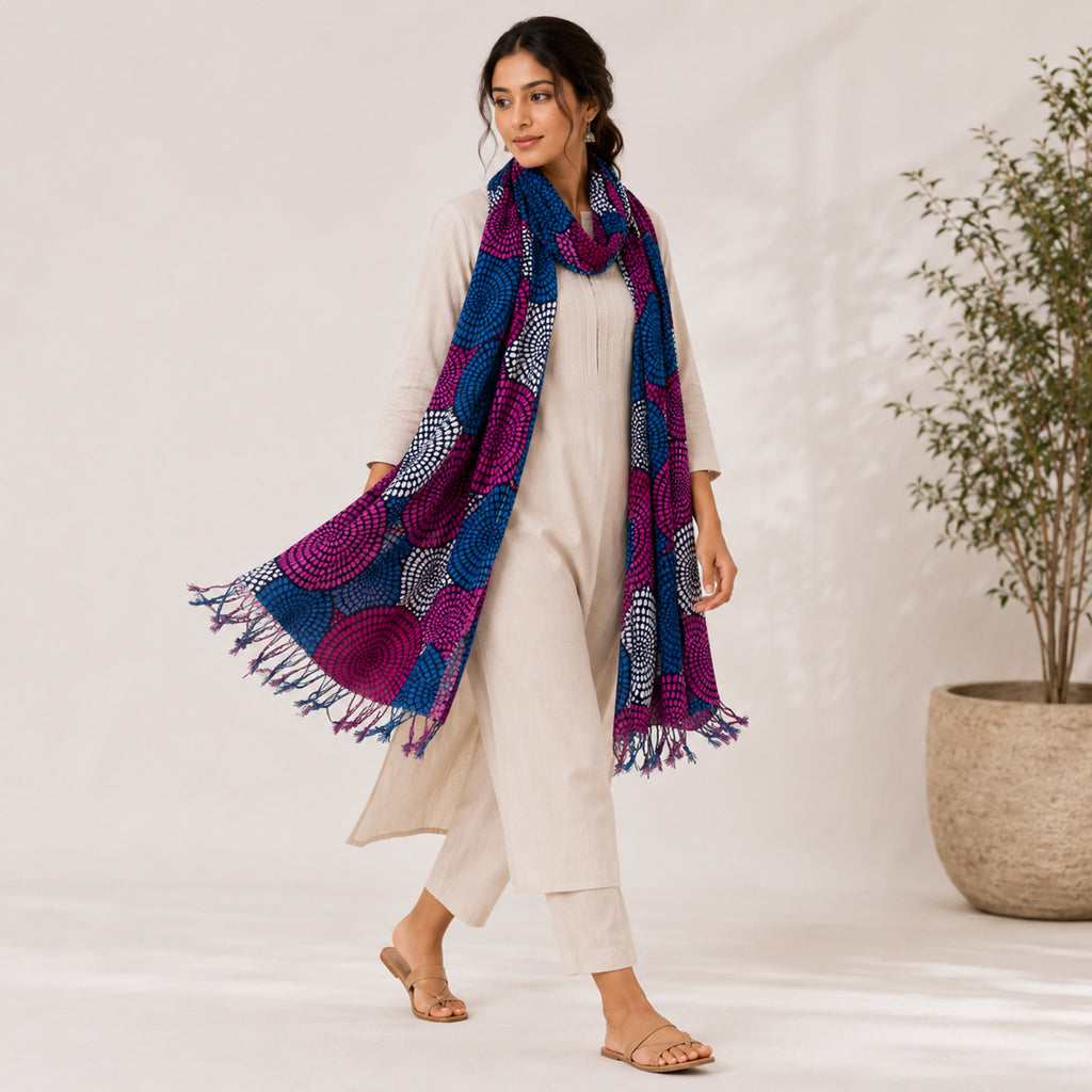 Women's Blue & Purple Circular Print Tassel Scarf-1