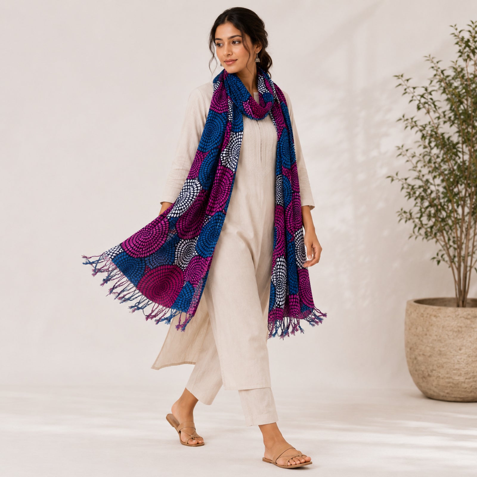 Women's Blue & Purple Circular Print Tassel Scarf-1