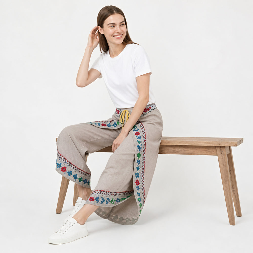 Beige Bloom Draped Wrap Trousers-2