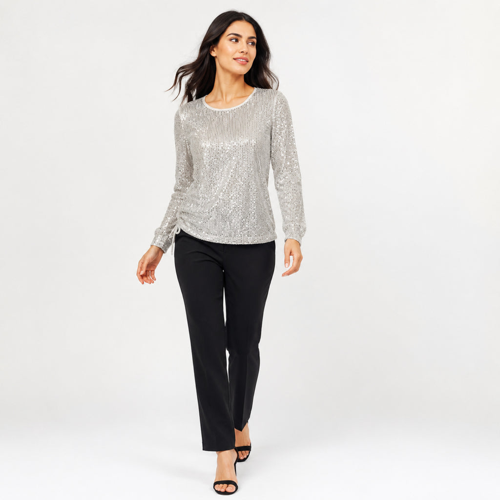 Women's White Sequin Round Neck Long Sleeve Top | Shimmer Party Wear Blouse-1