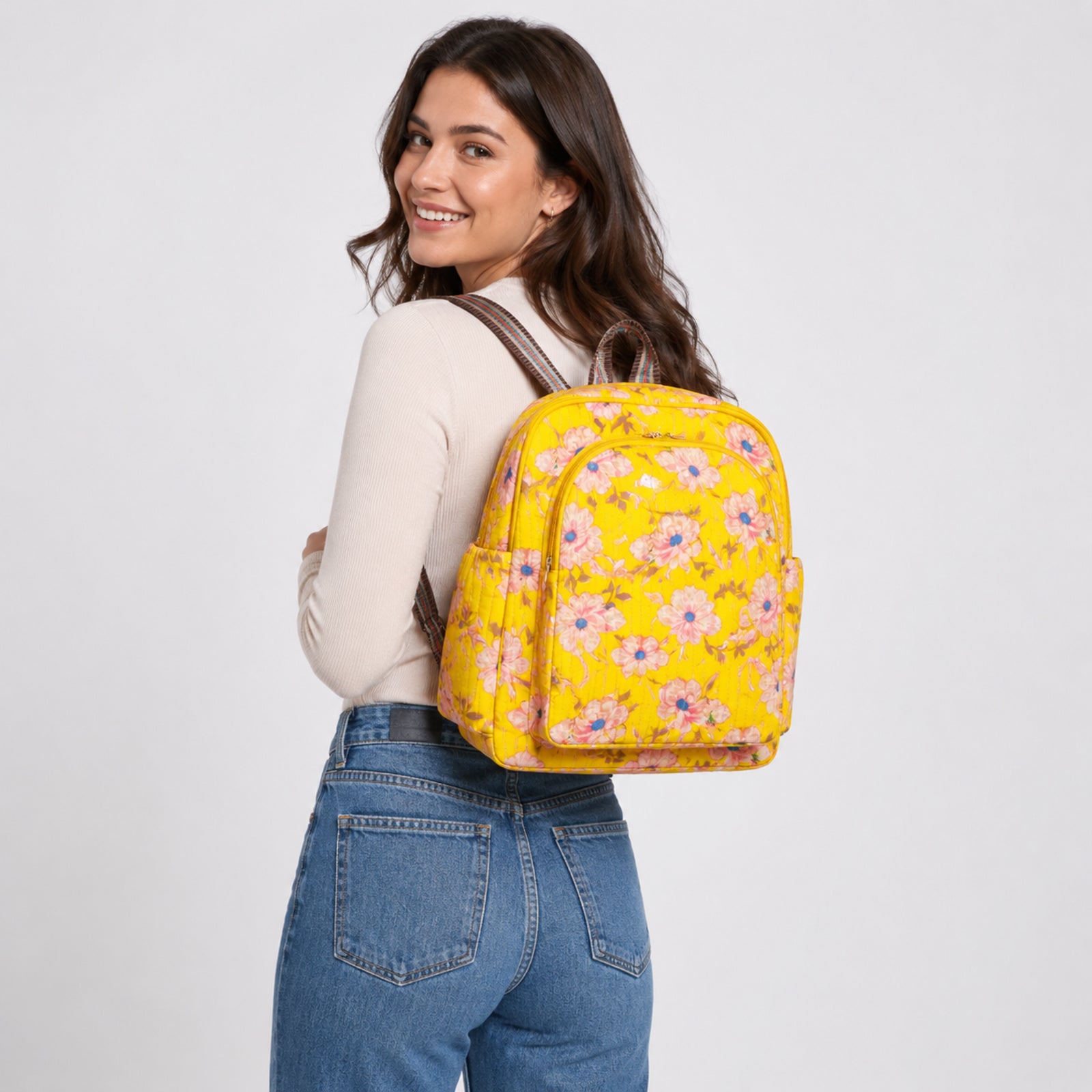Women's Michael Floral Printed Yellow Quilted Backpack-3