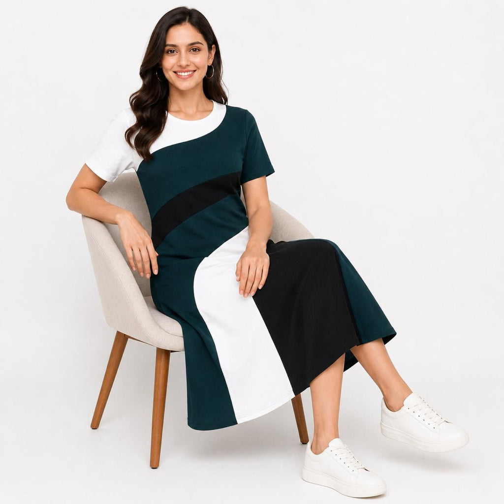 Women's Green Abstract Color Block Round Neck A-Line Midi Dress-3