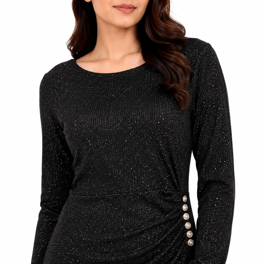 Women’s Black Shimmer Ruched Side Button Detail Round Neck Maxi Dress-2
