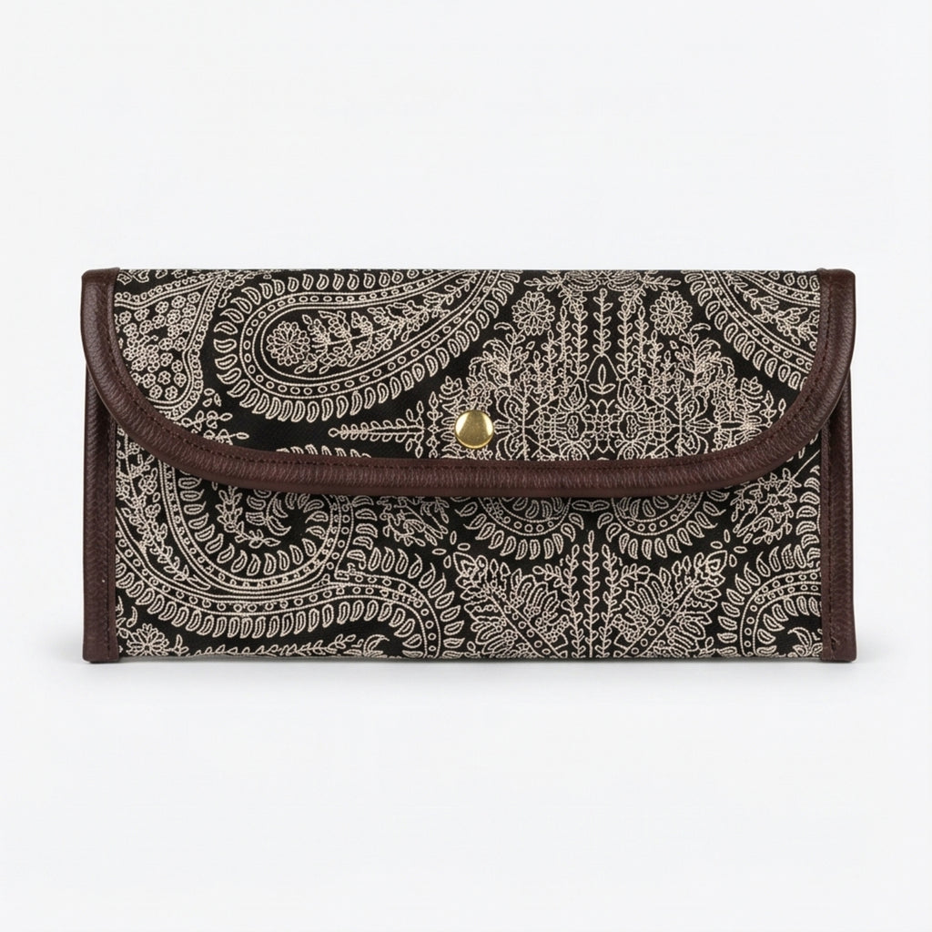 Women's Black Paisley Print Long Wallet | Elegant Ladies Clutch Wallet with Snap Button Closure-1