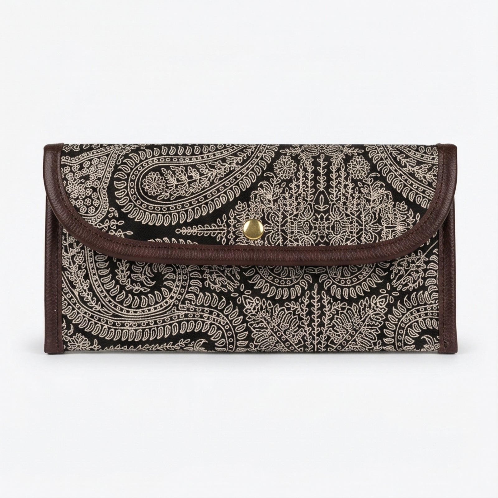 Women's Black Paisley Print Long Wallet | Elegant Ladies Clutch Wallet with Snap Button Closure-1