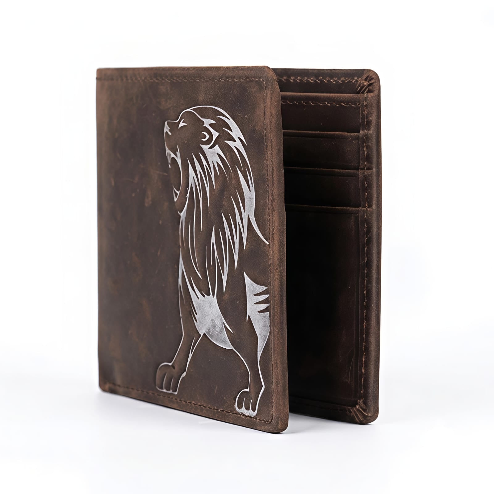 Men's Genuine Leather Roaring Lion Engraved Bi-Fold Wallet-1