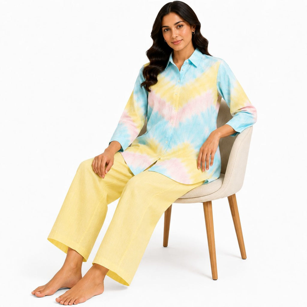 Women's Yellow Tie-Dye Collared Shirt and Wide-Leg Pyjama Co-Ord Set | Relaxed Lounge Set-2