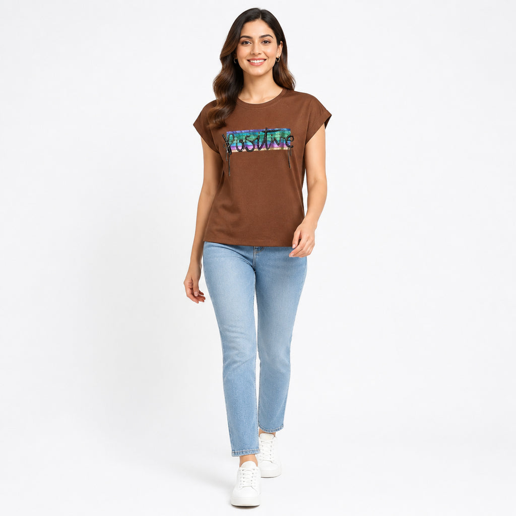Women's Rust Graphic Printed Casual T-Shirt | Round Neck Everyday Cotton Tee-1
