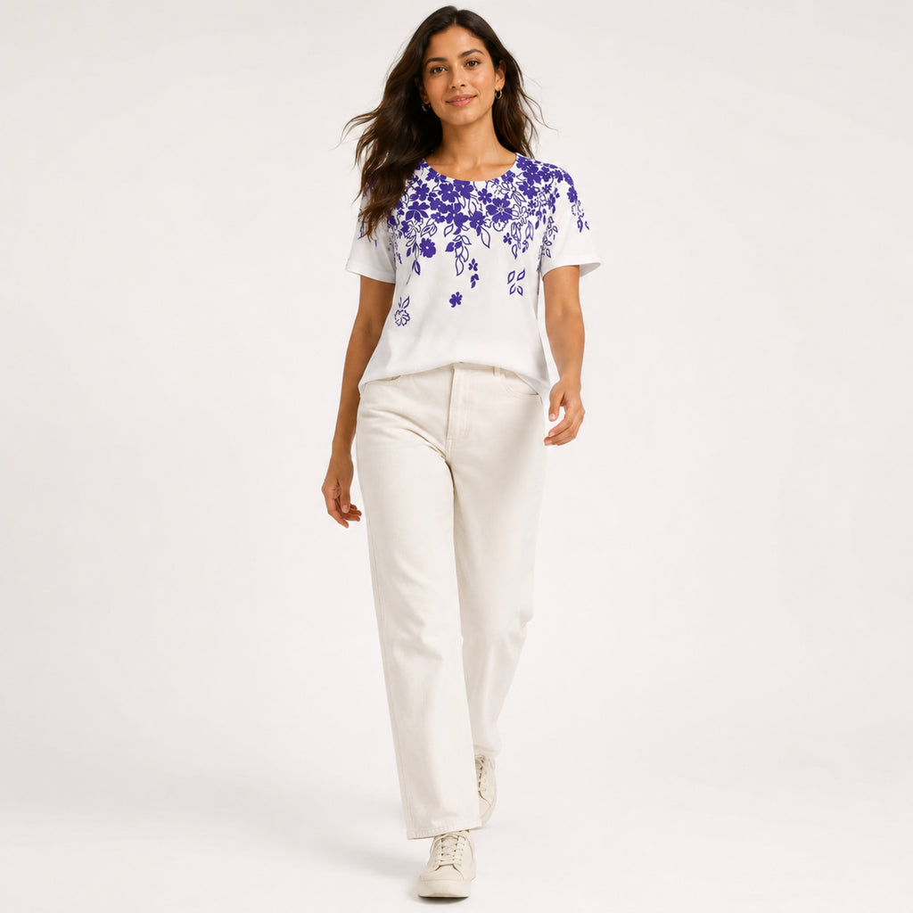 Women's White Floral Print Round Neck T-Shirt-2