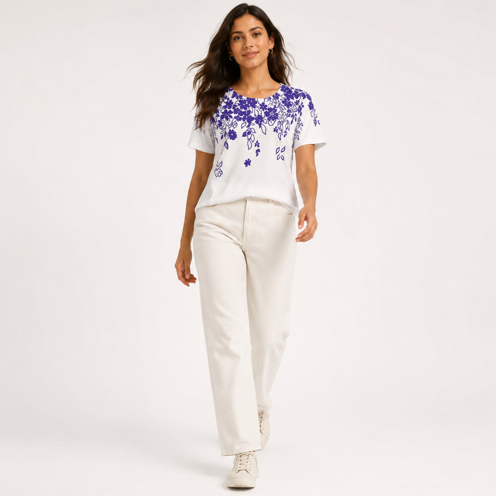 Women's White Floral Print Round Neck T-Shirt-2