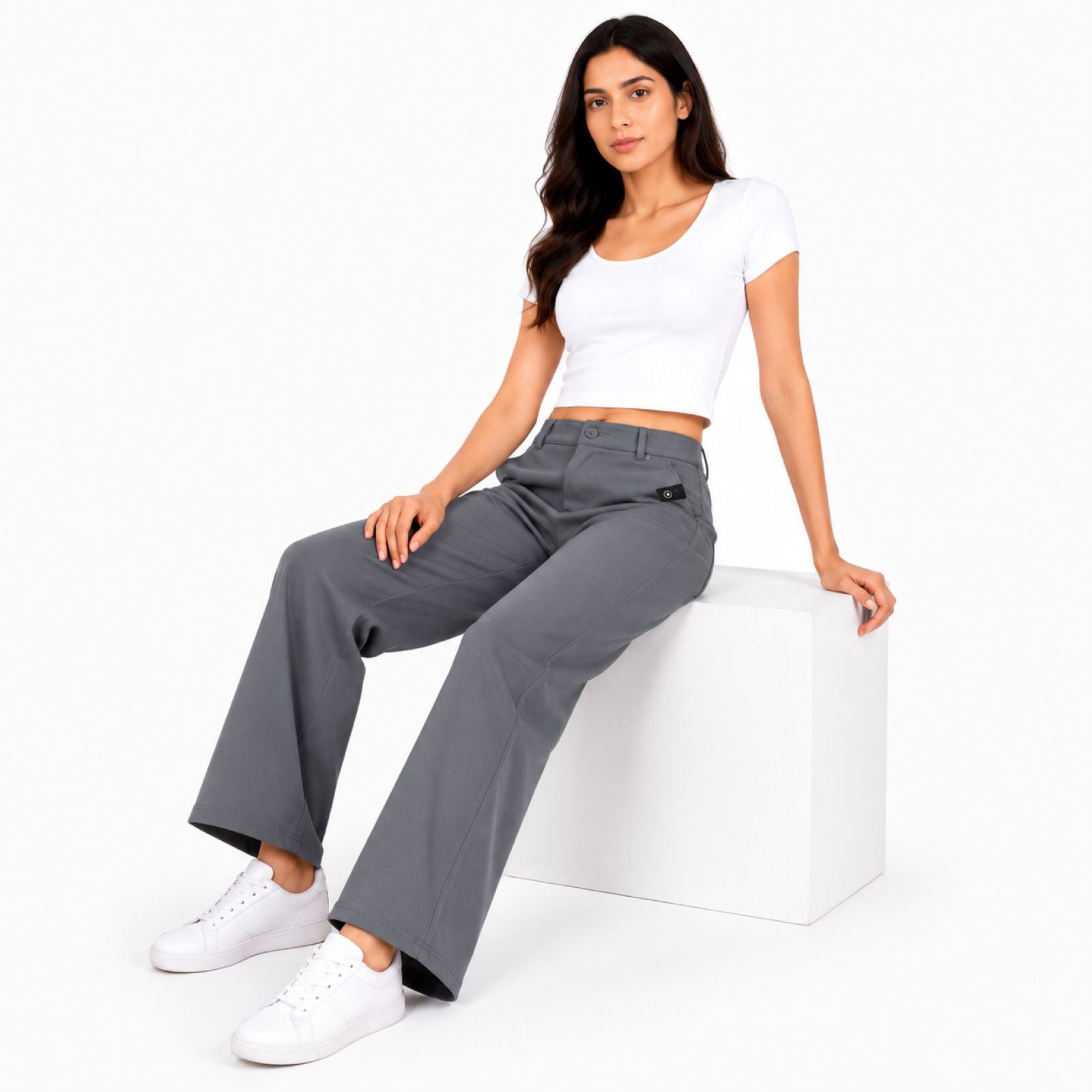 Women's Grey High-Waist Wide Leg Casual Trousers-2
