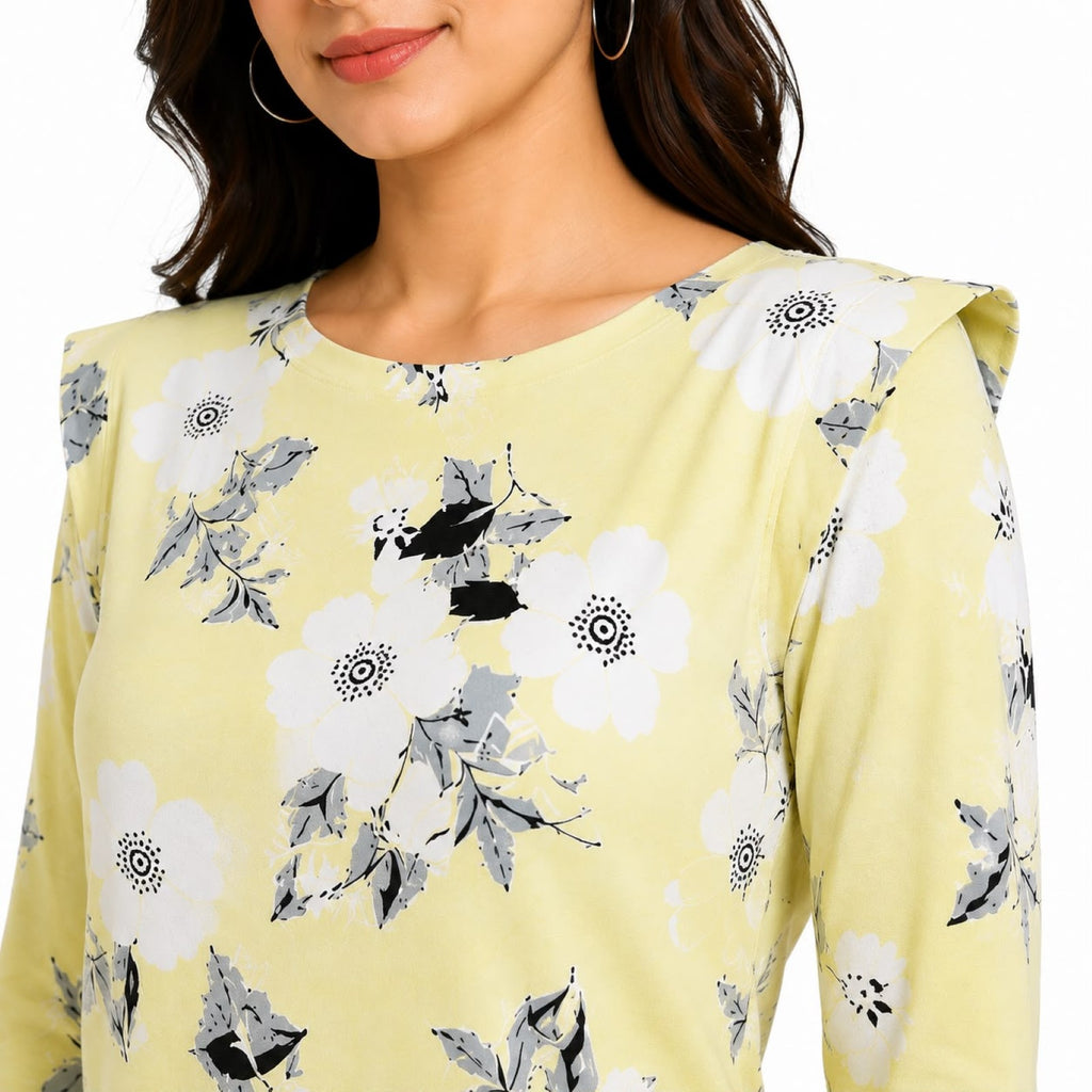 Women's Lemon Blossom Yellow Floral Ruffle Shoulder Top-3