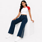 Women's Navy Blue Wide Leg Jeans with Side Pearl Detail | High-Rise Statement Denim-2
