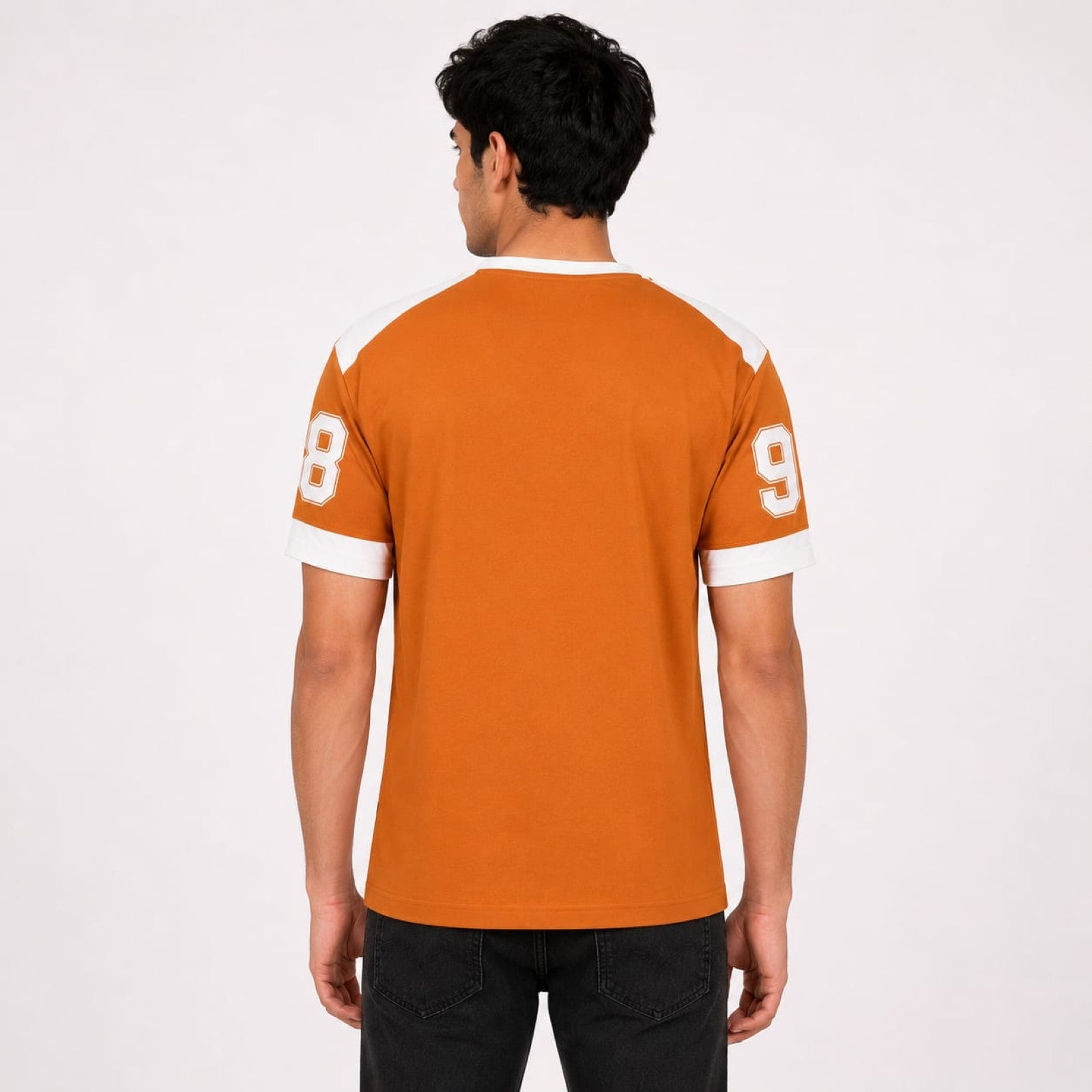 Men's Orange Motorsport Graphic Contrast Panel Crew Neck T-Shirt | Regular Fit Half Sleeve Casual Tee-4