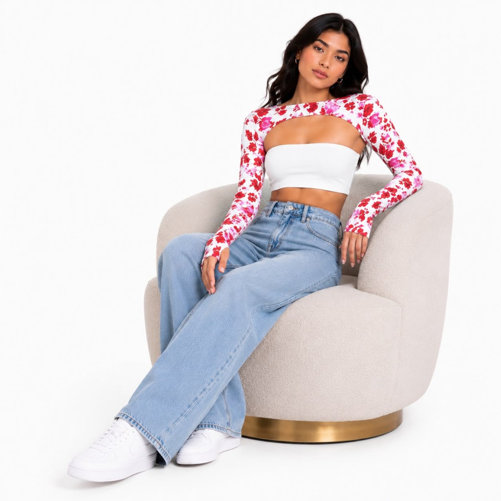 Women's Red Floral Cut-Out Crop Top-2