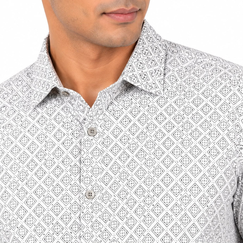 Men's White Geometric Print Half Sleeve Smart Casual Shirt-2