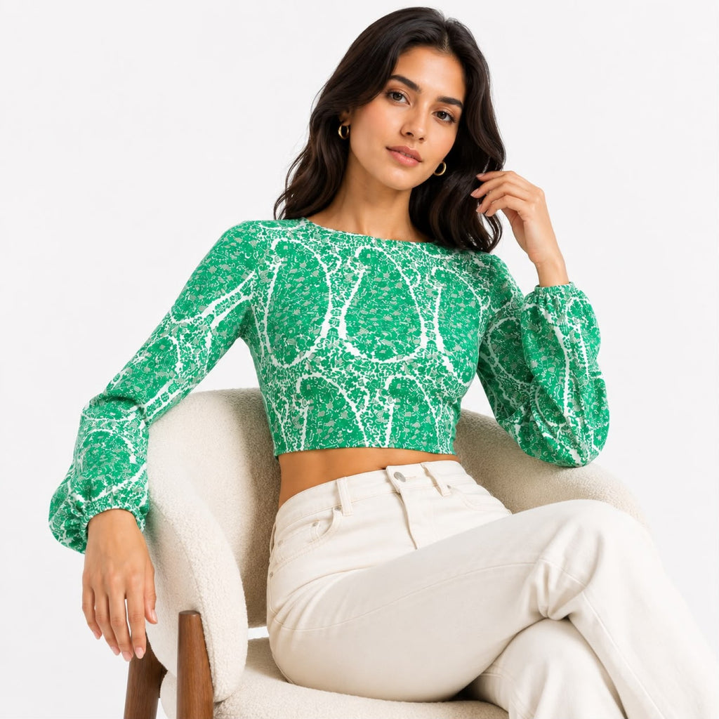Women's Green Paisley Print Long Sleeve Crop Top-2
