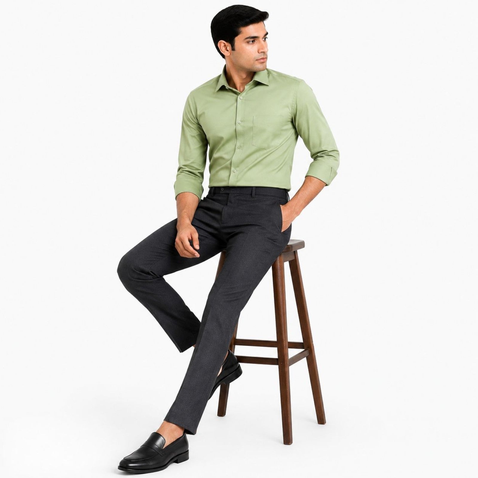 Men's Grey Slim Tapered Flat-Front Formal Trousers | Classic Office Wear Pants-2