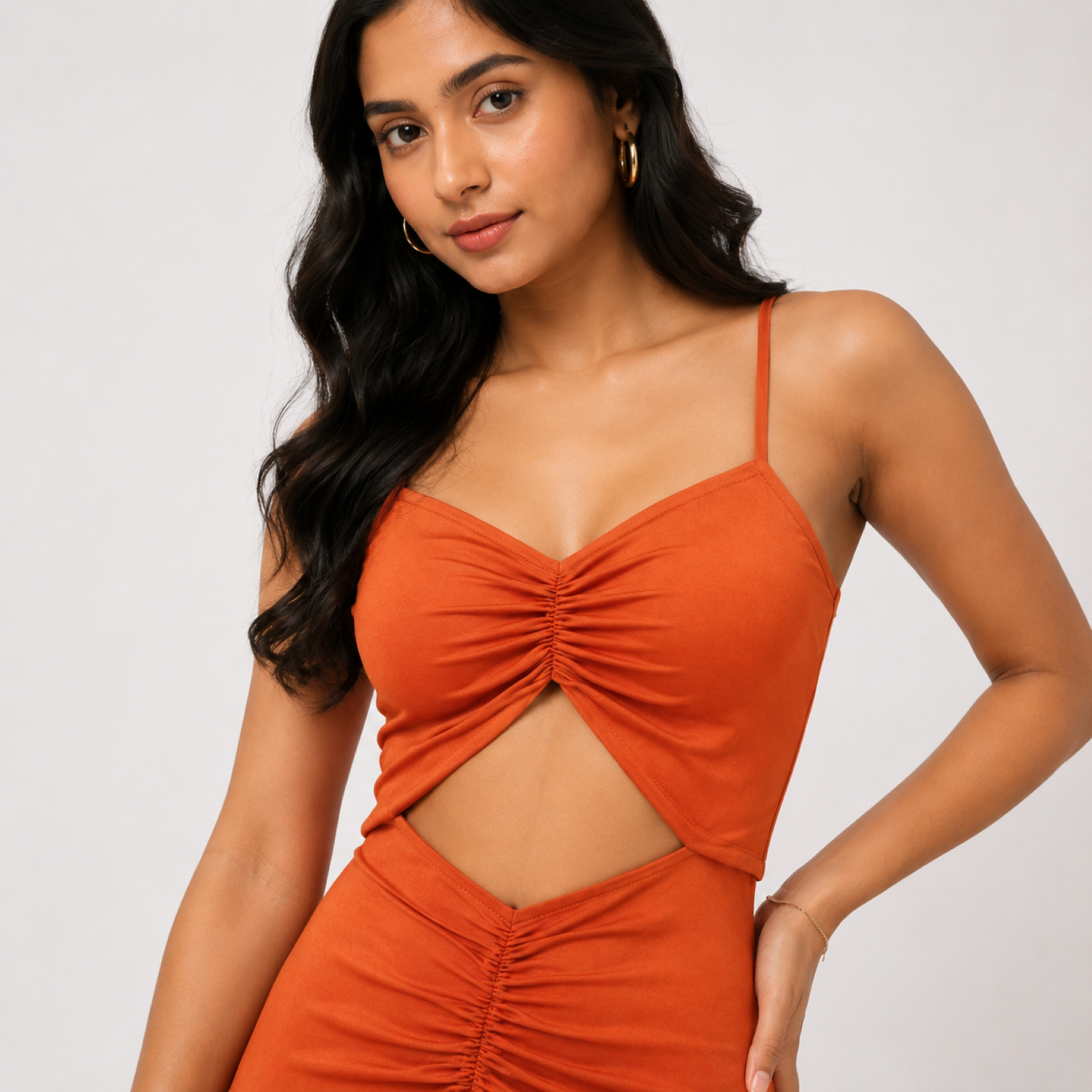 Women's Orange Solid Ruched Cut-Out Sleeveless Bodycon Midi Dress-4