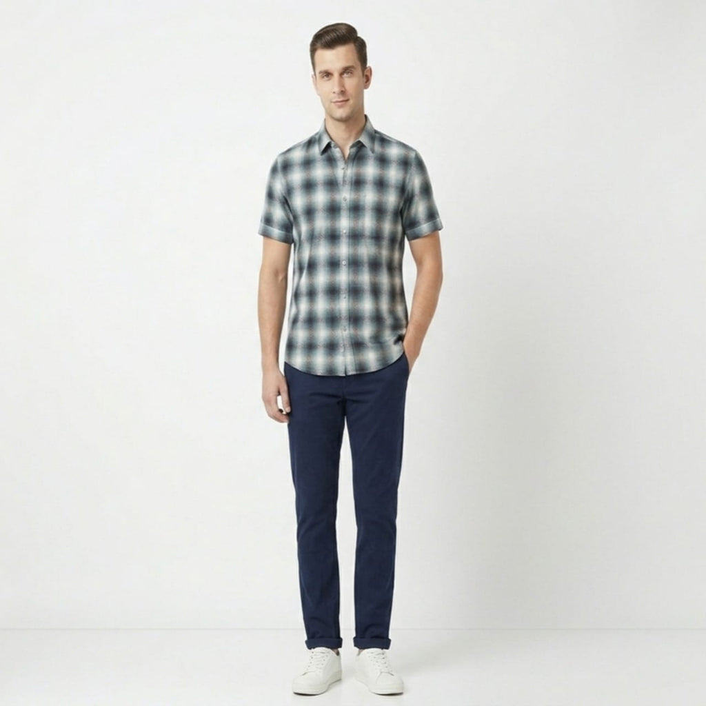 Men's Blue Checked Casual Half Sleeve Shirt-4