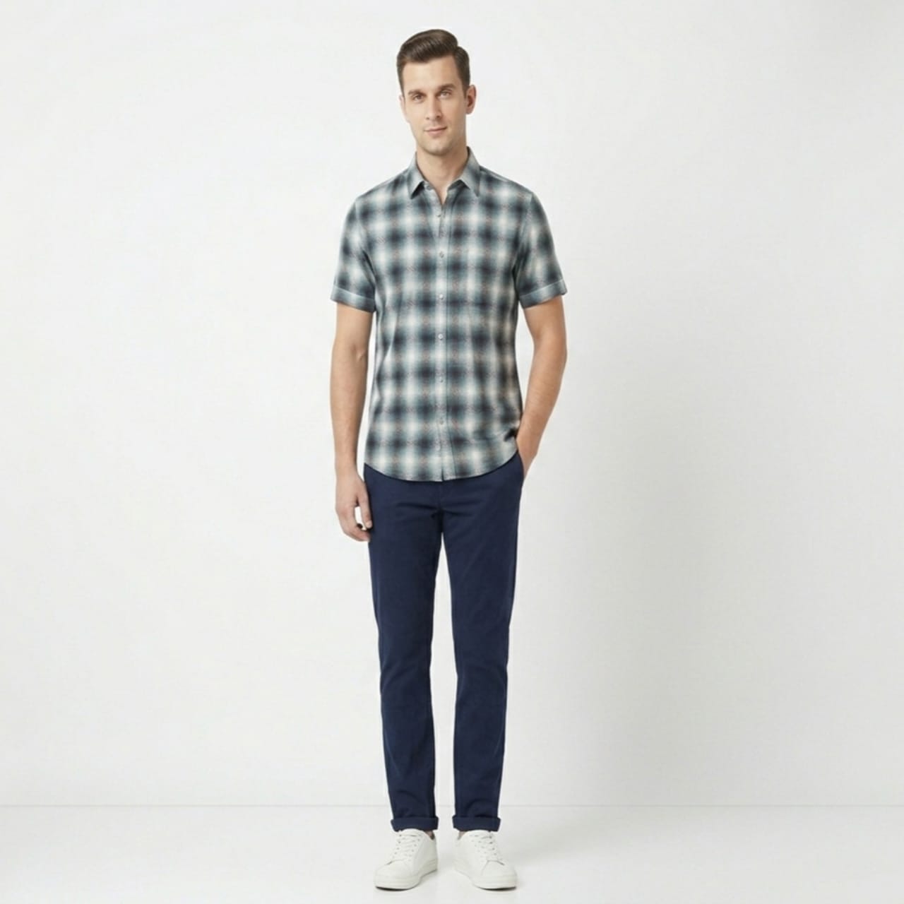 Men's Blue Checked Casual Half Sleeve Shirt-4