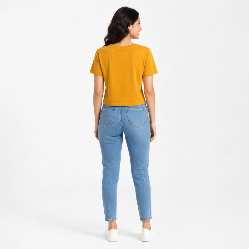 Women's Mustard Round Neck Short Sleeve Relaxed Crop T-Shirt | Solid Casual Everyday Top-4