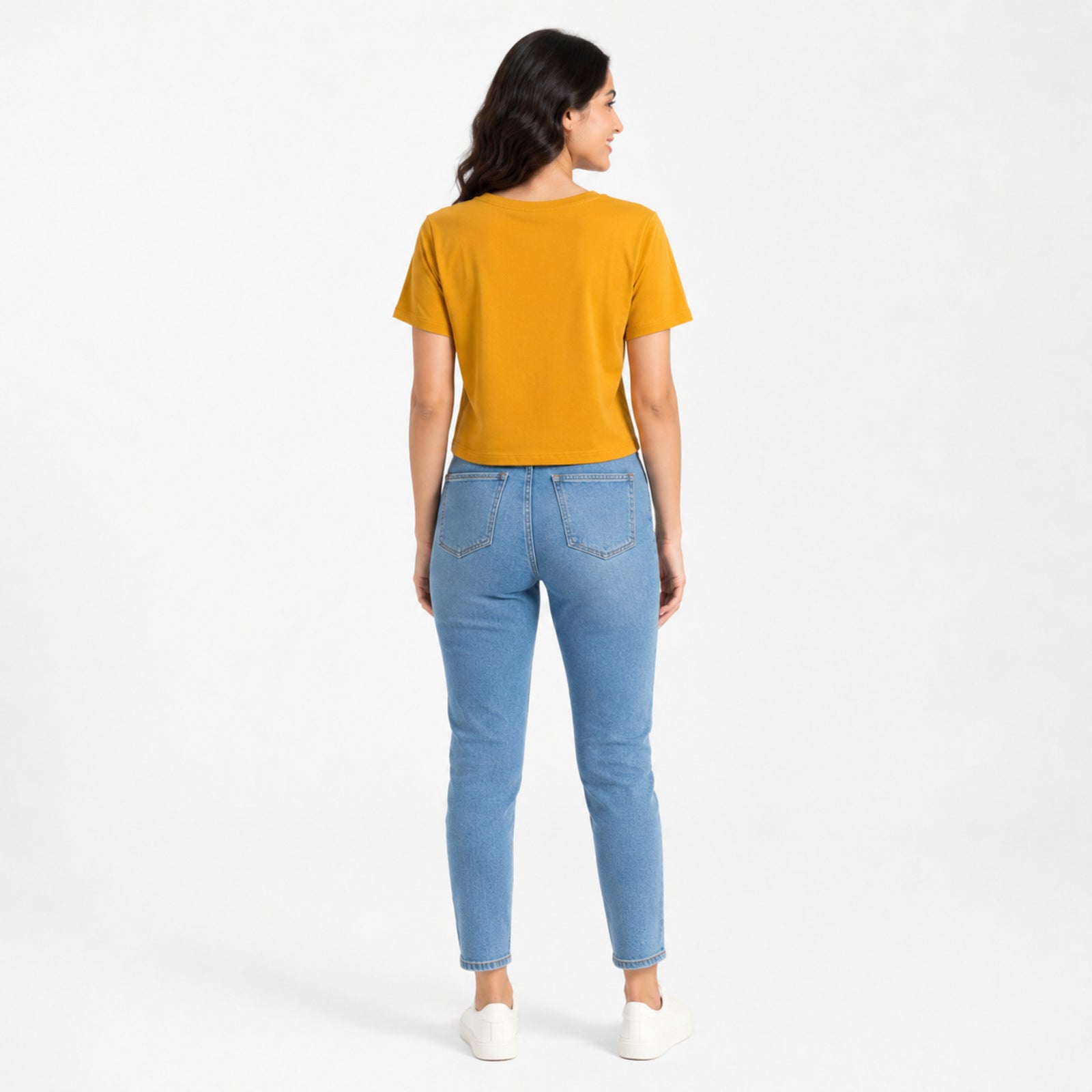 Women's Mustard Round Neck Short Sleeve Relaxed Crop T-Shirt | Solid Casual Everyday Top-4