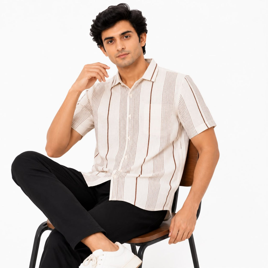 Men's Beige Vertical Striped Half Sleeve Casual Shirt-3