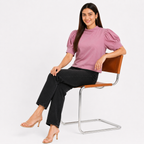 Women's Pink Solid Mock Neck Puff Sleeve Top-1
