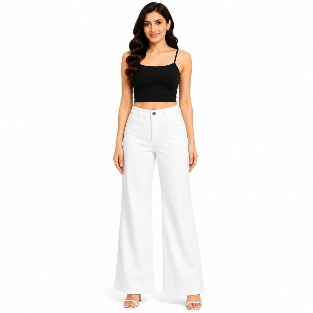 Women's White Wide Leg High-Rise Trousers | Solid Full Length Casual Palazzo Pants-2