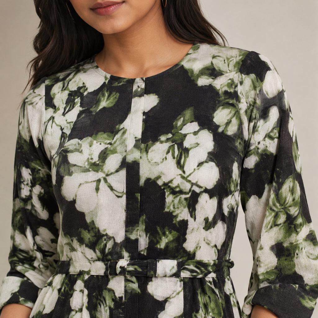 Women's Elegant Floral Print A-Line Midi Dress with Tie-Up Belt-2