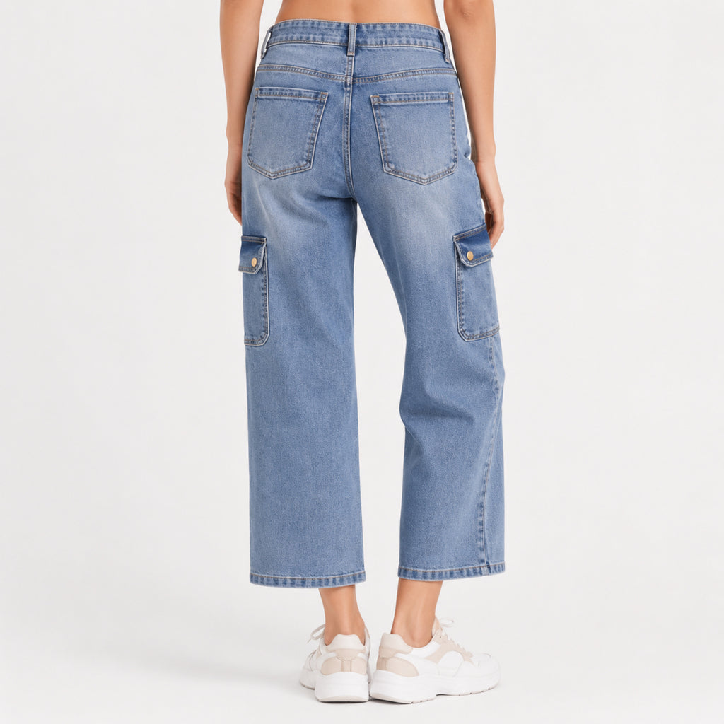 Women's Light Blue Wide Leg Cargo Jeans-3
