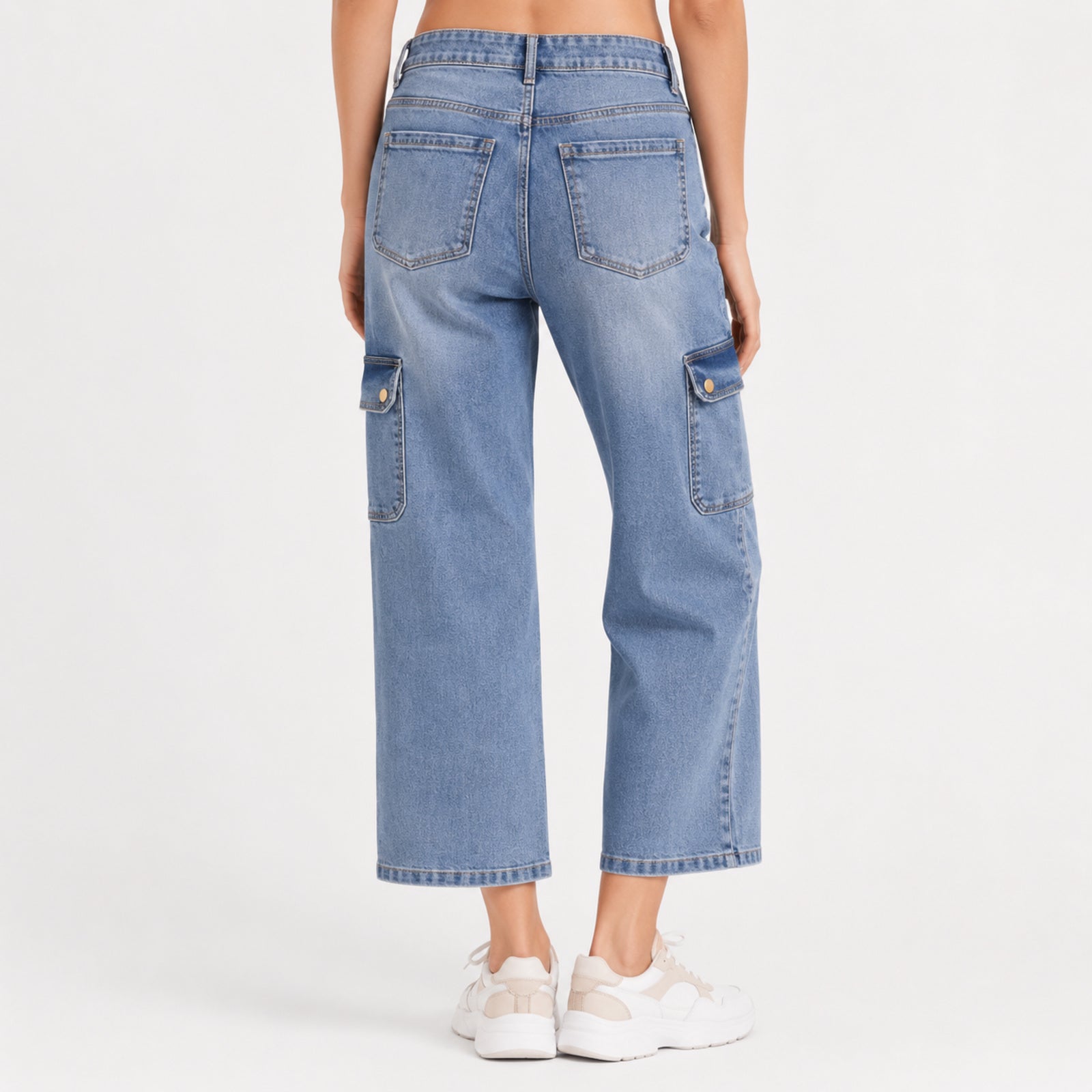 Women's Light Blue Wide Leg Cargo Jeans-3