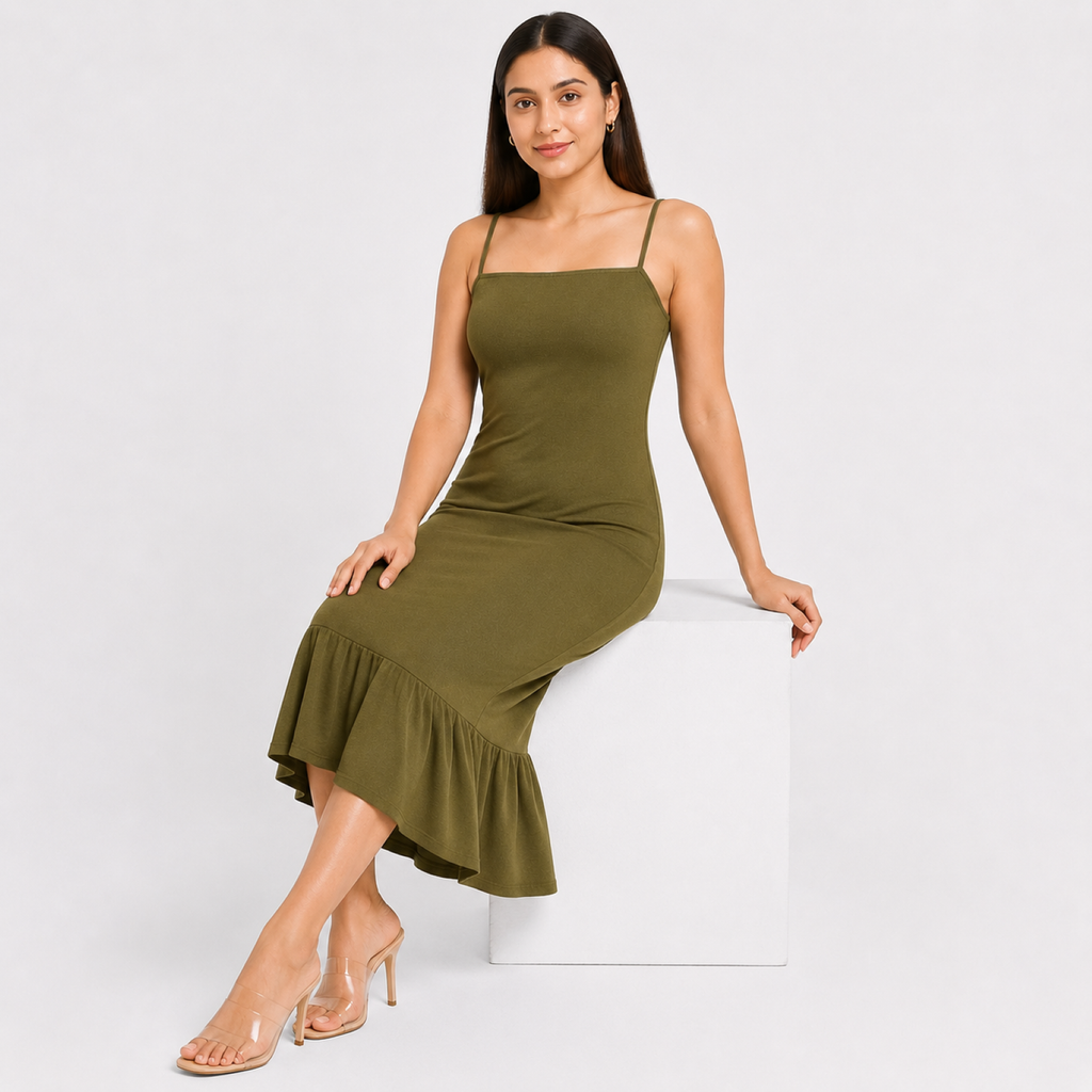 Women's Green Solid Sleeveless Mermaid Maxi Dress-1