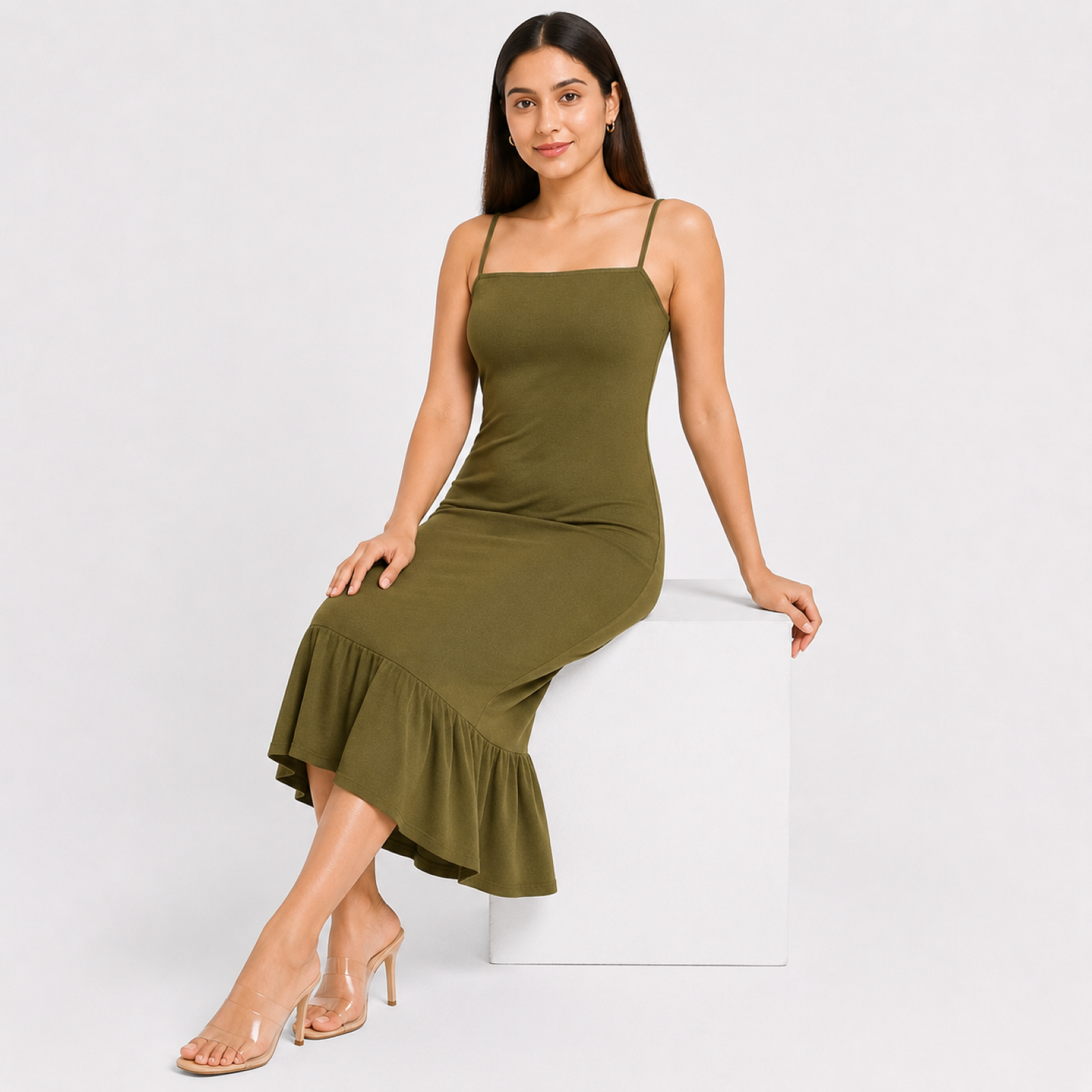 Women's Green Solid Sleeveless Mermaid Maxi Dress-1