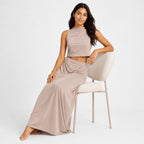 Women's Peach Sleeveless Mock Neck Crop Top & Maxi Skirt Co-Ord Set-2