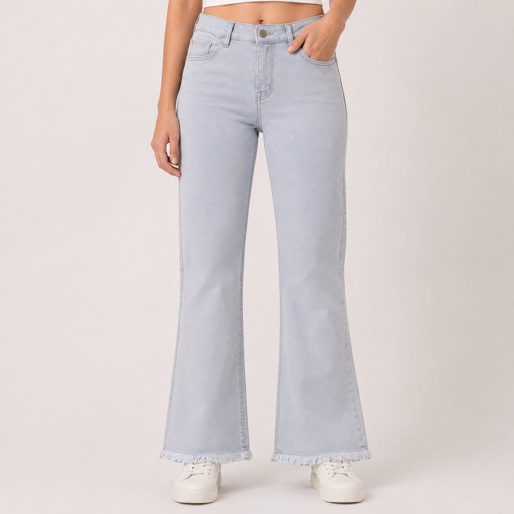 Women's Frost Grey Frayed Hem Wide Leg Jeans-1