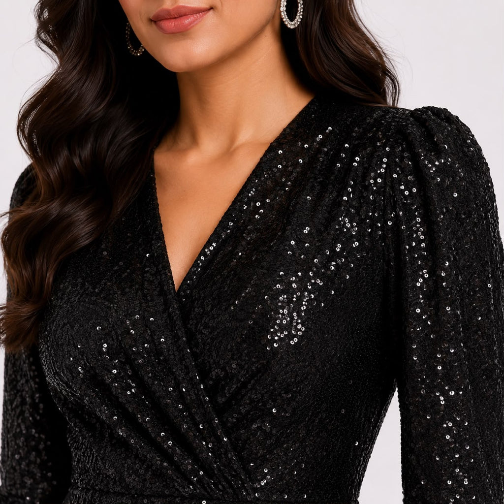Women's Luxury Black Sequin Wrap Maxi Gown with Ruffle Detail | Elegant Evening Party Wear Dress for Women-3