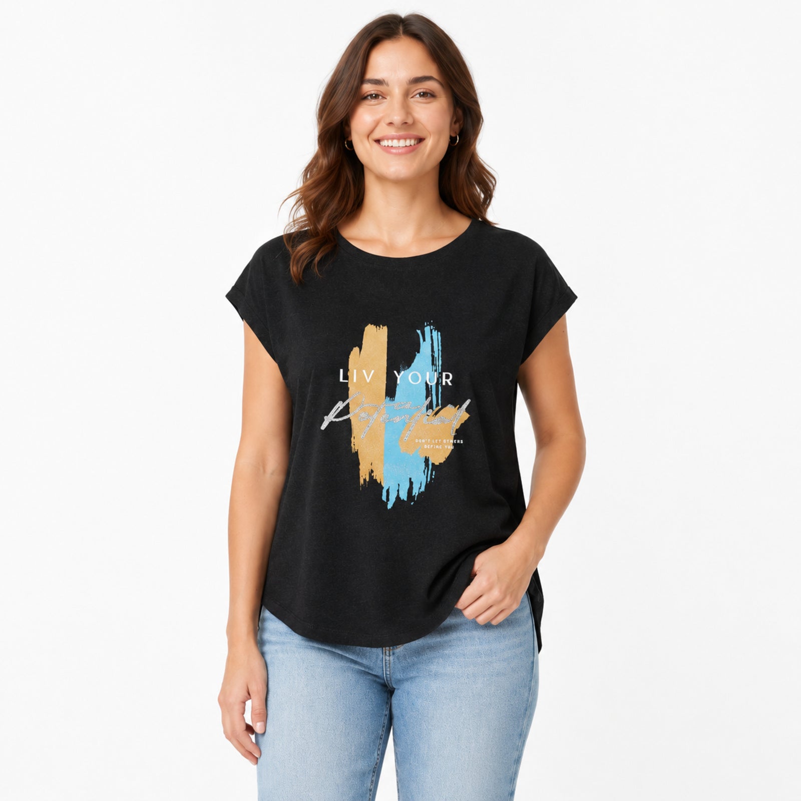 Women's Black Graphic Printed Casual T-Shirt | Live Your Potential Round Neck Tee-3